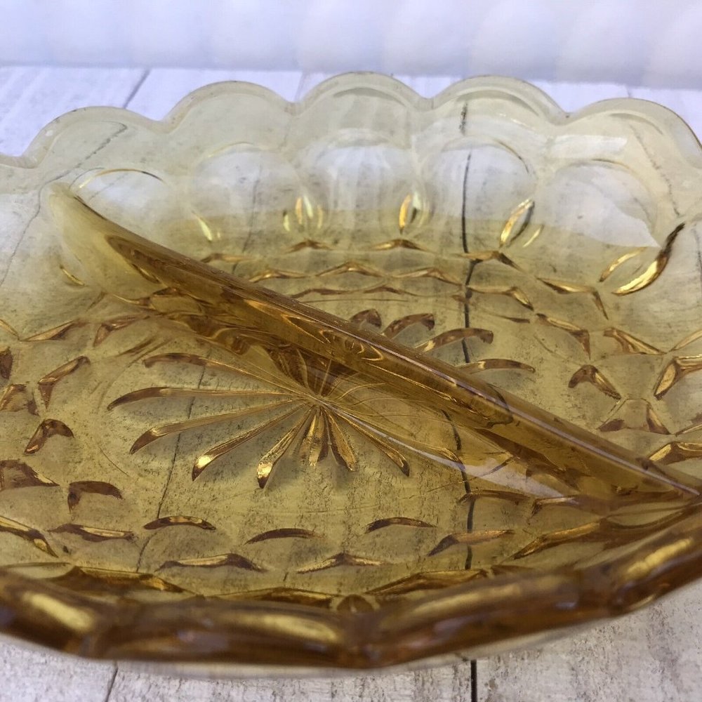 Vtg MCM Indiana Amber Glass Thumbprint Scalloped Edge Serving Divided Dish